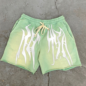 Shorts en toile personnalisés pour hommes, respirants, taille mi-haute élastique, logo vieilli, délavés à l'acide, entrejambe de 5 pouces, style décontracté urbain, très tendance - Product Image 1