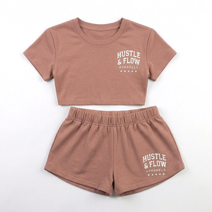 Women's High Quality Crop <b>Top</b> T-Shirt <b>Shorts</b> <b>Set</b> Best Selling Custom Two-Piece T Shirt <b>and</b> <b>Shorts</b> <b>Set</b> - Product Image 1