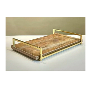 Bandeja de acacia para servir té y aperitivos con asas de metal dorado, bandejas decorativas para servir en bodas y decoración del hogar. - Product Image 2