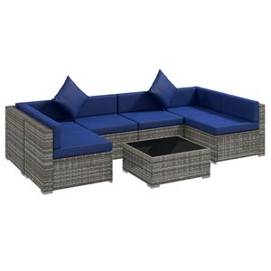 <b>7</b>-Piece Mixed Gray Blue Outdoor Rattan Sofa Set Wicker Patio Furniture <b>Iron</b> Glass Top Coffee Table Pillows Included Hospitals - Product Image 1