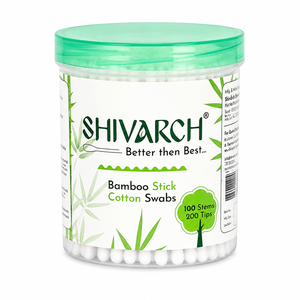 Shivarch <b>Bamboo</b> Stick Cotton Swabs 100 Stems 200 Tips Green Lid <b>Container</b> From Gujarat - Product Image 1