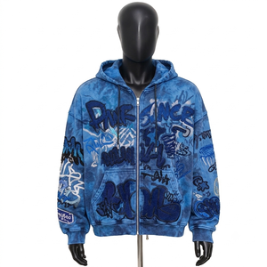 Sudadera con capucha y cremallera completa personalizada, morada, con lavado ácido, estilo oversize, bordado de grafiti, streetwear, de algodón de alto gramaje, OEM - Product Image 3