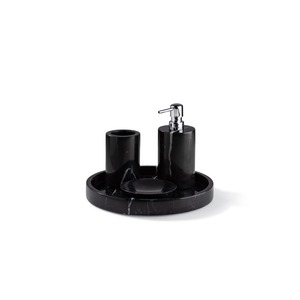 Ensemble de salle de bain en marbre noir, 3 pièces, distributeur de savon rond, porte-brosse à dents, plateau, minimaliste, facile à nettoyer - Product Image 2