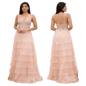 Elegant Peach Tiered Tulle Maxi Dress | <b>Spaghetti</b> <b>Strap</b> Sweetheart Neck | A Line Party Evening Gown | Women Formal Wear | Outfit - Product Image 1