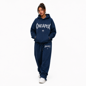 Custom <b>Navy</b> <b>Blue</b> Washed Distressed Hoodie Sweatpants Set Oversized Fleece Tracksuit Streetwear Two Piece <b>Jogger</b> Set - Product Image 1