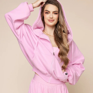 Sudadera con capucha extragrande rosa para mujer con mangas abullonadas y cremallera frontal, diseño de punto sólido, estilo otoñal - Product Image 6