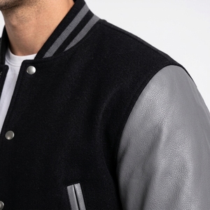 Custom Men's <b>Waterproof</b> Varsity <b>Jacket</b> Black Melton Wool <b>Grey</b> Genuine Cowhide Leather Sleeves Letterman Baseball Bomber Front - Product Image 4