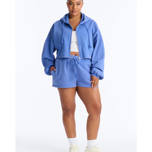 Conjunto de Chaqueta Corta con Capucha y Cremallera de Forro Polar Azul para Mujer, Novedad, Casual, Primavera Verano, Ropa de Descanso, Estilo Urbano Sólido - Product Image 4