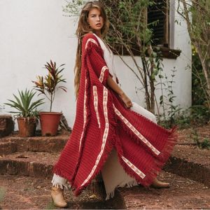 Poncho Rojo Estilo Boho para Mujer, Kimono, Cárdigan, Atuendo para Festival del Desierto, Capa Hippie Bohemia, Prenda para Usar en Capas en Otoño - Product Image 3