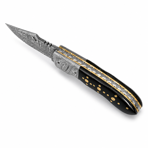 Jexmoo OEM Handmade Damascus Steel Multi-Functional Pocket Knife Black Handle Gold Dots Leather Sheath for Gifts Outdoor Use - Product Image 2