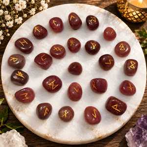 Ensemble de runes de divination Futhark en cristal de quartz fraise naturel, forme roulée, pierres précieuses sculptées, vente en gros - Product Image 4
