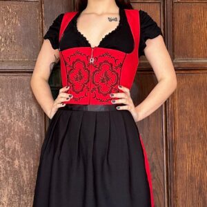 Vestido Dirndl Rojo y Negro con Bordado, Cuello en V, Manga Casquillo, Corte en A, Largo Midi, Estilo Vintage, Color en Contraste, para Celebraciones - Product Image 2