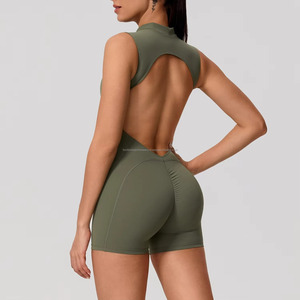 Turtleneck Cut-Out Yoga <b>Bodysuit</b> High Waist Solid Color Women's Activewear Sleeveless Shorts OEM Service - Product Image 2