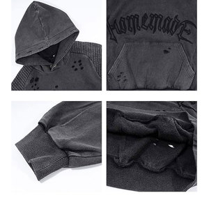 Men Hoodie with Raw <b>Edges</b> and Embroidered Details Pigment Dyed Men Distressed Embroidered Hoodie - Product Image 3