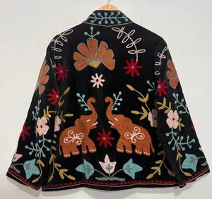 <b>Women</b>’s Vintage <b>Black</b> <b>Velvet</b> Suzani <b>Jacket</b> Elephant Embroidery Folk Art Boho Winter Outerwear - Product Image 3