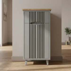 Modern Gray Storage <b>Cabinet</b> with Wood Top and Vertical Slats Design for Bathroom or Closet Use - Product Image 1