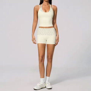 Women's 2 Piece Yoga Set Padded Halter Neck Longline <b>Top</b> Fold Over Waistband Polka Dot Striped Biker Shorts Gym Activewear - Product Image 2