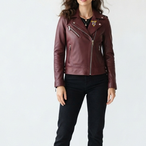 Chaqueta de Cuero Genuino de la Mejor Calidad para Mujer, Transpirable, Ajustada, Elegante, Estilo Biker, Color Borgoña, a Precio de Mayoreo - Product Image 1