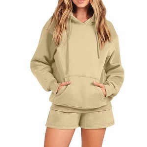 <b>Women's</b> <b>2</b> <b>Piece</b> Hoodie & Shorts Set Solid Color Fleece Casual Loose Fit Spring Winter Streetwear <b>Outfit</b> - Product Image 4