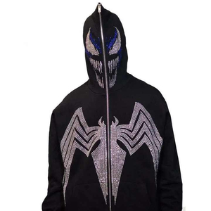 Custom Embroidered Rhinestone <b>Zip</b> <b>Hooded</b> Heavyweight High Quality Winter Men's Hoodies 100% Cotton Oversized Fleece Sweatshirts - Product Image 2