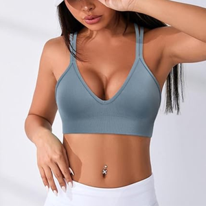 Women V-Neck Spaghetti Strap Sports Bra Seamless Support Yoga Breathable Solid Gray - Product Image 2