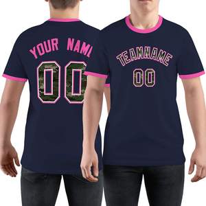 Maillot de baseball personnalisé pour homme, bleu marine avec bordure rose, motif camouflage, numéro imprimé par transfert thermique, col rond, manches courtes, vêtements de sport pour adultes - Product Image 1