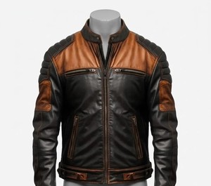 Veste moto en cuir véritable pour homme, coupe ajustée, col montant, fermeture éclair, style automne - Product Image 1