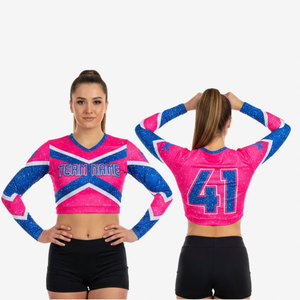 Custom Cheerleading Crop <b>Top</b> <b>Pink</b> Blue <b>Glitter</b> Print Team Name Number Adult Women's Dance Uniforms Spandex Polyester Crop <b>Top</b> - Product Image 1