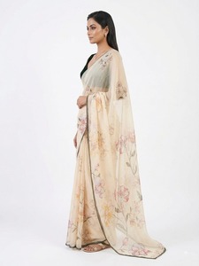 Elegant Cream Digital Print Silk Saree <b>Green</b> <b>Velvet</b> Blouse for Women India Pakistan Wedding Wear In-Stock Bollywood Style Midi - Product Image 3
