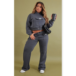 Customise Women's Dark Gray Hooded Sweatshirt <b>Set</b> With Front Pockets And Logo Design Autumn Wear - Product Image 1