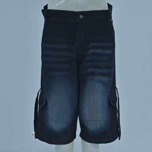 Shorts cargo en denim bleu foncé pour homme, de haute qualité, sur mesure, taille mi-haute, fermeture boutonnée, style décontracté avec poches latérales, tissu en coton tissé - Product Image 1