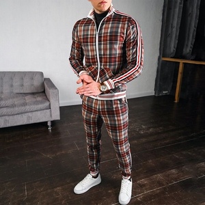 2021 Latest Style Men's Check Print Sublimated Bomber <b>Jacket</b> Tracksuit Zip Enclosure Ribbed Hem & Cuffs Stripe Zipper Sweat Suit - Product Image 5