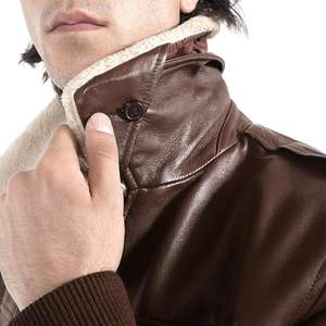 Blouson aviateur en cuir véritable marron avec col en sherpa pour homme - Product Image 6