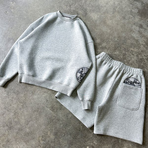 Plain Oversized Baggy Flared Drop Shoulder Cotton Soft Heavyweight 450 Gsm Sweat Running Shorts French Terry Men's Sweatsuit <b>Set</b> - Product Image 3