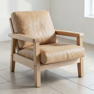 Sillón Moderno Premium con Estructura de Madera Maciza y Tapicería de Cuero Genuino, Sillón de Diseño para Sala de Estar - Product Image 1