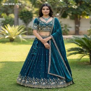 Tenue de festival élégante en soie Vichitra avec broderie lourde en fils et sequins, Lehenga Choli à prix de gros - Product Image 1