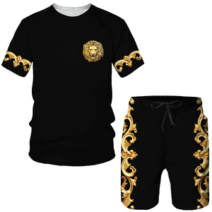 Conjunto de Camiseta con Estampado de León Dorado sobre Negro para Hombre, Ropa Casual de Verano, Cuello Redondo, Manga Corta, 2 Piezas - Product Image 1