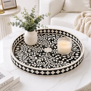 REHMAN CRAFT Handpainted Bone Inlay Floral Leaf Pattern <b>Serving</b> <b>Tray</b> <b>Black</b> White Coffee Table Accent Non-Toxic Eco-Friendly - Product Image 6