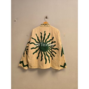 Hand Embroidered <b>Mandarin</b> <b>Collar</b> <b>Jacket</b> Full Sleeve Geometric Pattern Autumn Women's Coat Cream Green Sun Design - Product Image 2