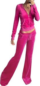 <b>Women</b> Pink Hooded Zip Up <b>Tracksuit</b> Set Long Sleeve Two Piece Casual Outfit with Drawstring Flare Pants OEM Winter Wear - Product Image 5