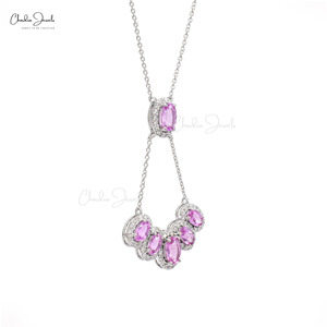 Collier Y en or blanc pur 14 carats avec halo de saphir rose taille ovale 2,47 CTW et diamants, pour femme – Meilleure vente - Product Image 3