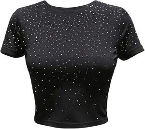 T-shirt court en coton pour femme avec strass, coupe ajustée, tee-shirt scintillant pour femme, logo personnalisé, streetwear, fabricant OEM - Product Image 2