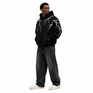 Custom Men Lightning Hoodie Cotton Fleece Pullover Oversized Fit Graphic Long Sleeve Front Pocket Top <b>for</b> USA B2B Fashion Buyers - Product Image 4