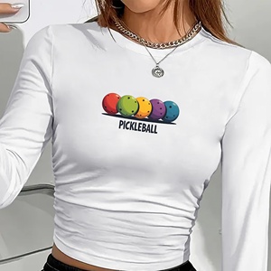 T-shirt pour femme Pickleball, imprimé avec logo, style Y2K, col rond, manches longues, en spandex et polyester tricoté, coupe ajustée, toutes saisons - Product Image 6