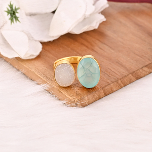 White Druzy Aqua Chalcedony <b>Two</b> <b>Stone</b> <b>Ring</b> Gold Plated Adjustable Fashion Jewelry for Women - Product Image 4
