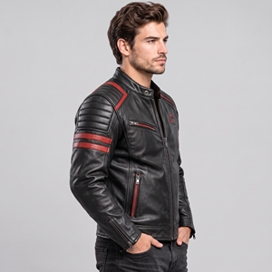 Blouson de moto en cuir noir pour homme, manches longues, coupe-vent, style course, toutes saisons, avec logo frontal. - Product Image 2