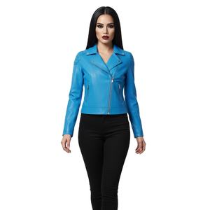 Real Leather Blue Motorbike Jacket <b>Women</b> Custom Bulk Wholesale Factory Price Genuine Biker Style Ladies <b>Coat</b> OEM ODM Service - Product Image 1