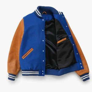 Blue Color Wool With <b>Leather</b> Sleeve Men's Clothing <b>Jackets</b> OEM Custom Made Baseball Varsity <b>Winter</b> College Button Decoration - Product Image 2