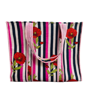 Sac fourre-tout d'épaule en coton matelassé, imprimé palmiers tropicaux rayés multicolores, style bohème, idéal pour la plage et les voyages, inspiré de l'Inde - Product Image 1