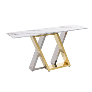 Table console en métal doré de haute qualité avec plateau en pierre frittée imitation marbre blanc et structure géométrique en acier inoxydable pour entrée, couloir ou côté de la pièce - Product Image 3